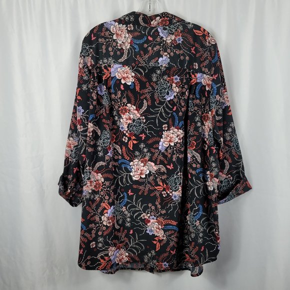 Only Necessities Blouse Size 2X Black & Lavender Floral Print Button Front - Picture 8 of 10